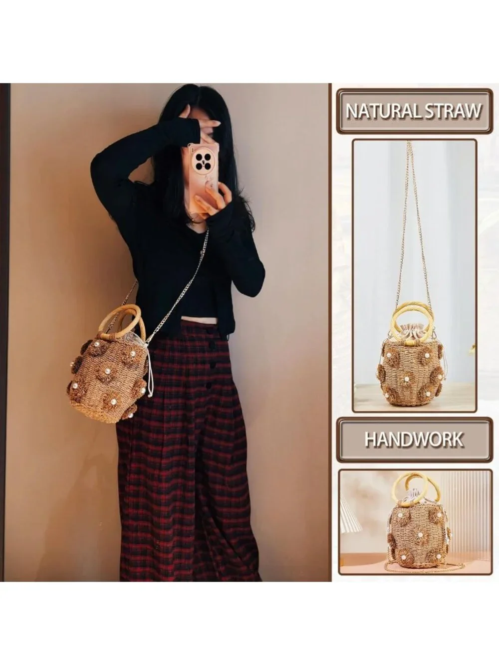 Chic Flower Pearls Rattan Tote Bag | Summer Beach Drawstring Straw Bucket Bag